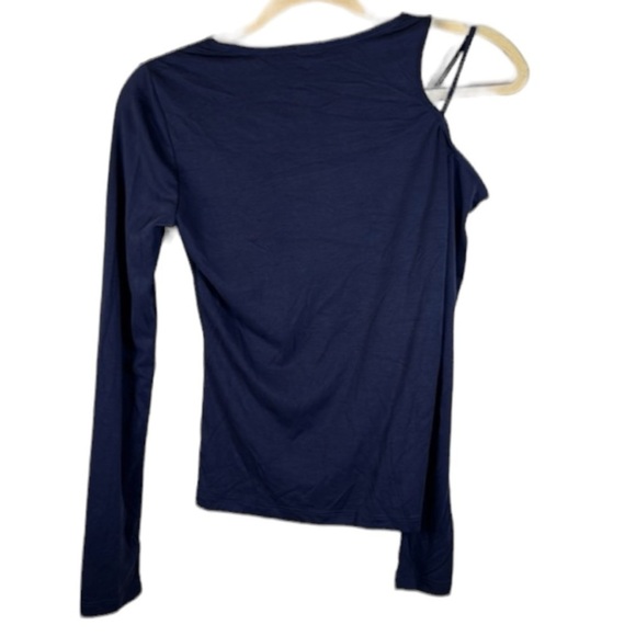 Monrow Navy Blue Cut Out Shoulder Long Sleeve Ribbed Textured Top Size S - Picture 2 of 4
